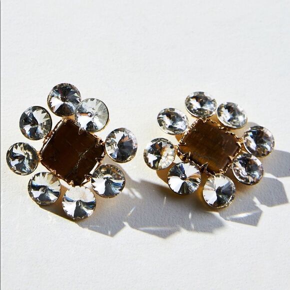 Anthropologie Floral Tapestry Blue Rhinestone Post Earrings NWT - Picture 4 of 8